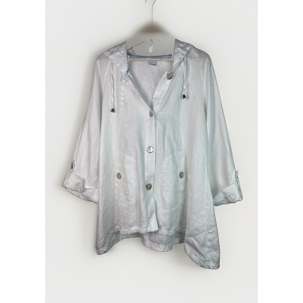Sigrid Olsen Women's L White 100% Linen Hooded Roll Tab Sleeve Button Up Jacket